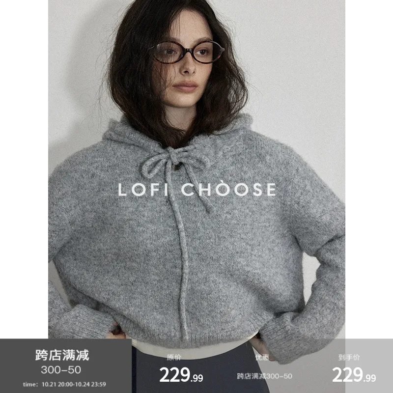 

Gray Hooded Short Fleece Sweatshirt for Women Autumn and Winter Long Sleeve Loose Knitted Pullover Casual College Style Jumpers