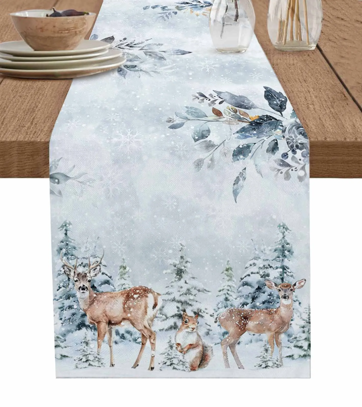 

Christmas Leaves Snowflake Squirrel Elk Table Runner for Dining Table Wedding Decoration Tablecloth Home Decor Table Runner