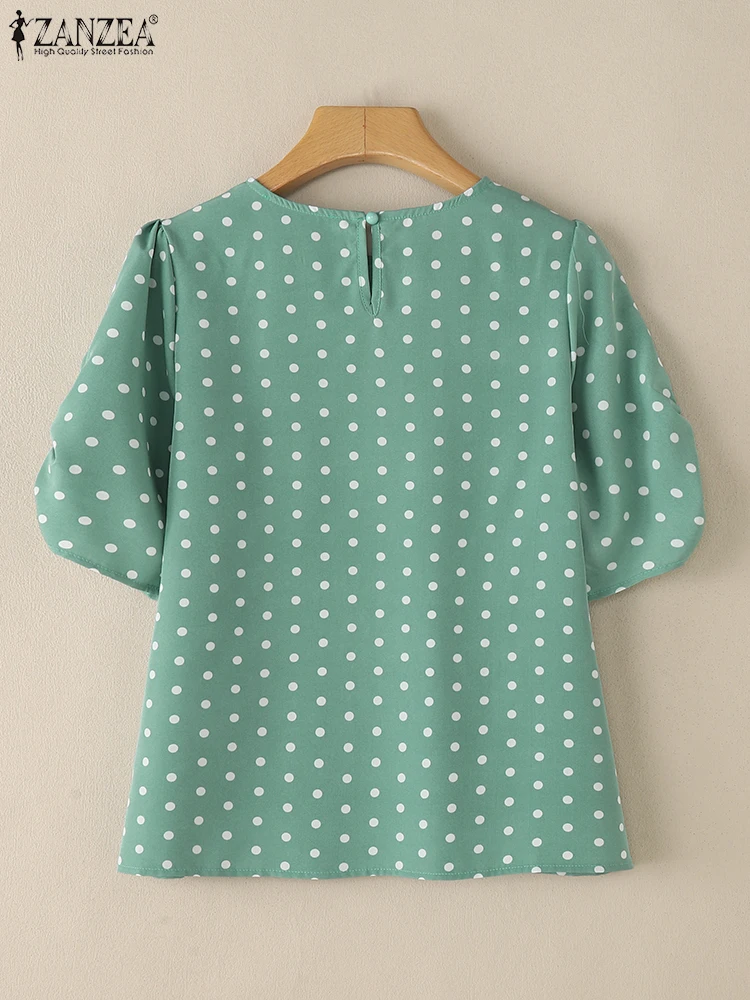 Blusas de lunares de verano para mujer ZANZEA, camisas elegantes de trabajo OL, Blusas informales con cuello redondo y manga abombada, Tops elegantes para vacaciones, Túnica para mujer