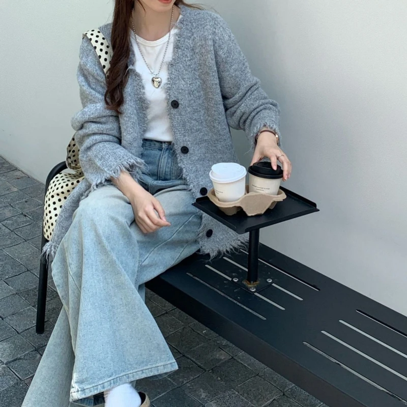 Vintage Gray Tassel Long-Sleeve V-Neck Single Breasted Knitted Cardigan Sweater Autumn Women Elegant Loose Solid Jacket Casual 2