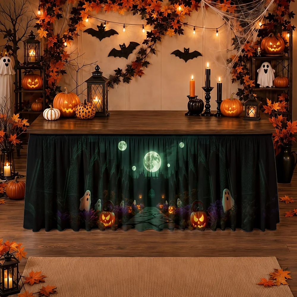1 piece of tablecloth, polyester, Halloween gothic style, ghostly mysterious and terrifying, ghostly castle, moonlit pathzyc