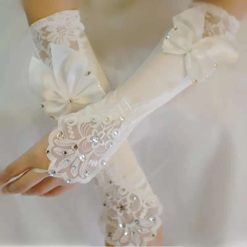 

Ivory Satin Bridal Gloves Beads Lace Cheap Fingerless Long Ladies Dress Glove Bow Fast Shipping Wedding Accessories