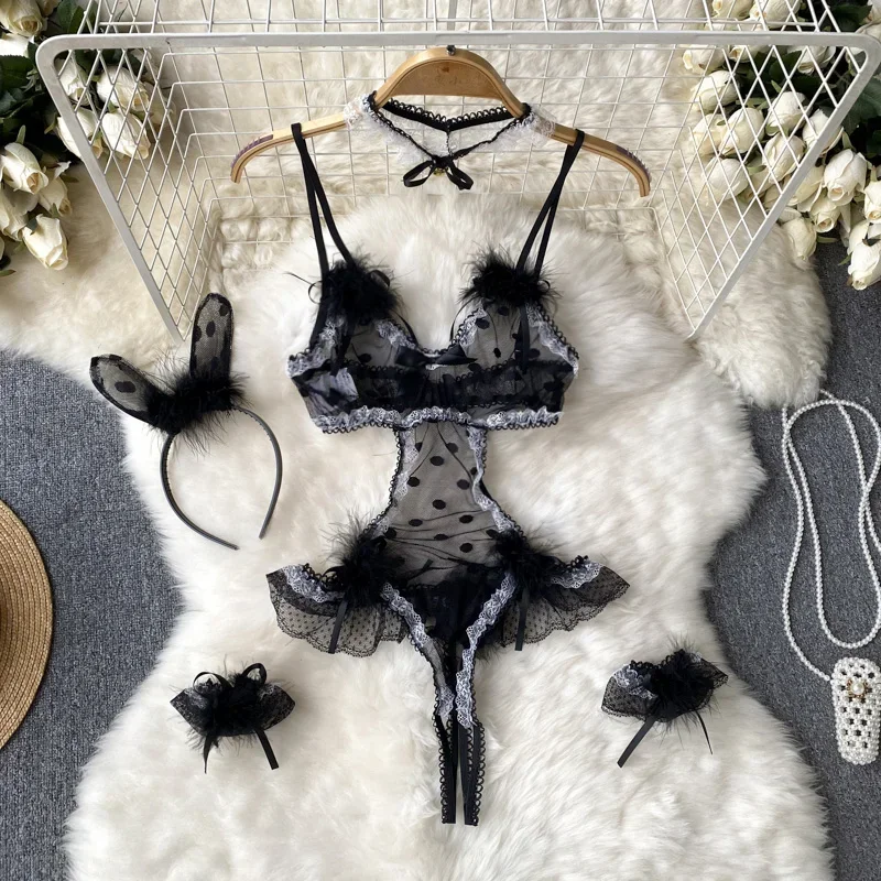 

Women Polka Dot Lace Rompers Sexy Erotic Catsuits Lingerie Fashion Sleepwear Club Jumpsuits Mesh Combination Bodysuits