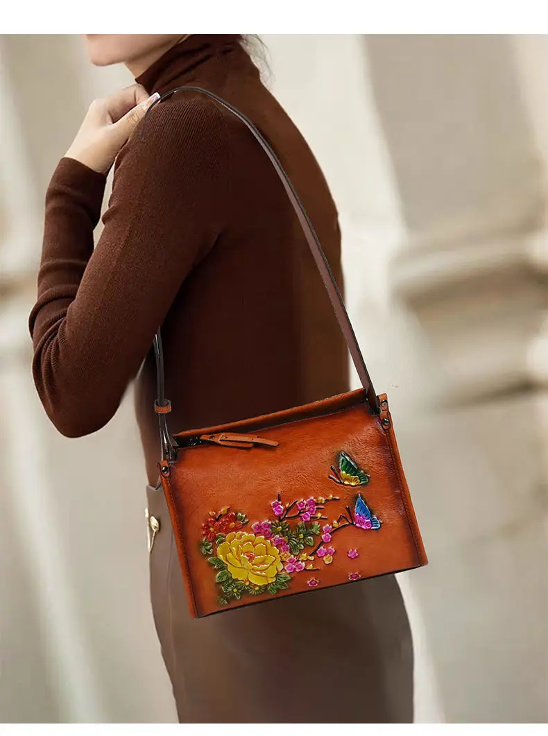 

Сумка через плечо в этническом стиле для женщин, квадратная сумка на одно плечо в китайском стиле, верхний слой воловьей кожи в стиле ретро для женщин