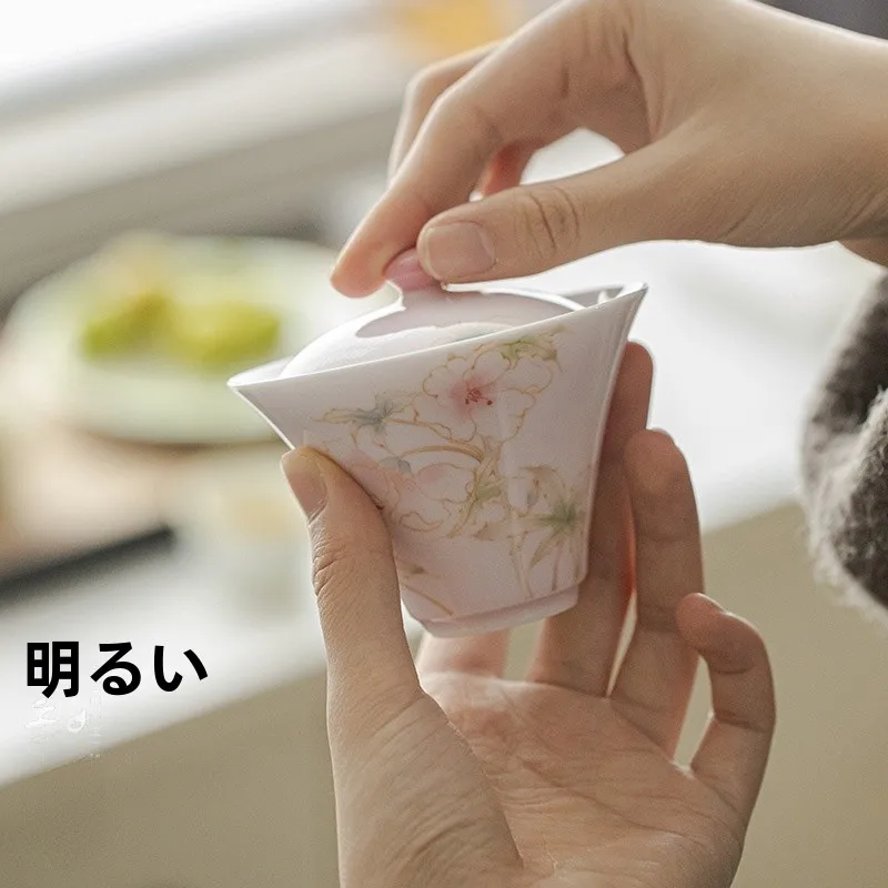 

Underglaze Pure Hand-Painted Peach Pink Flower Morning Moon Evening Cloud Return Cover Bowl Soft Temper Porcelain Gongfu Tea ...