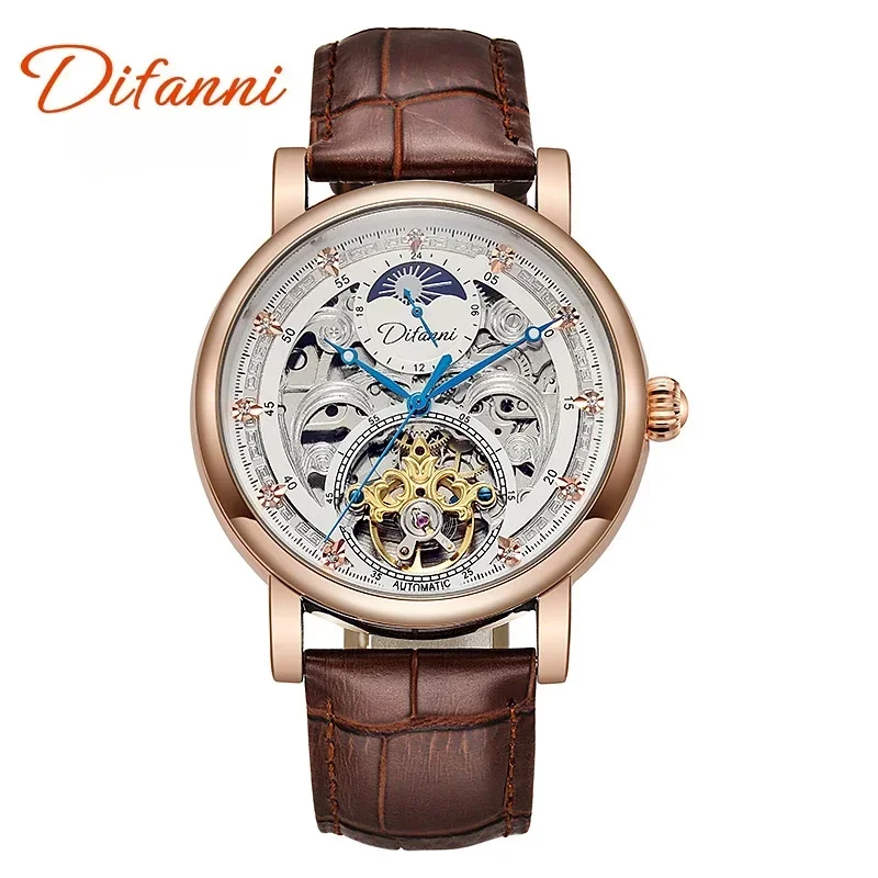 Tourbillon Full Hollow Out Automatic Mechanical Watch Men Moon Phase Display Glow in The Dark Waterproof Man Sports Watch