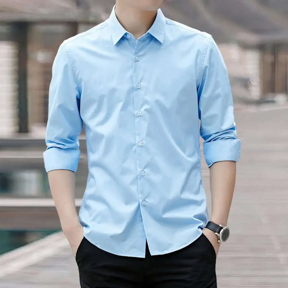 Camicia da uomo tinta unita camicia formale da lavoro versione coreana camicia a maniche lunghe Slim Fit Casual camicie blu chiaro bianco nero