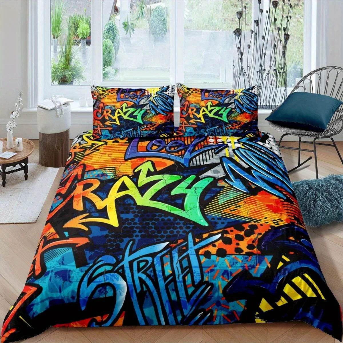2/3Pcs Hippie Graffiti Duvet Cover Set, Street Culture Hip Hop Bedding with Pillowcases, Teens Room Decor for Men Women
