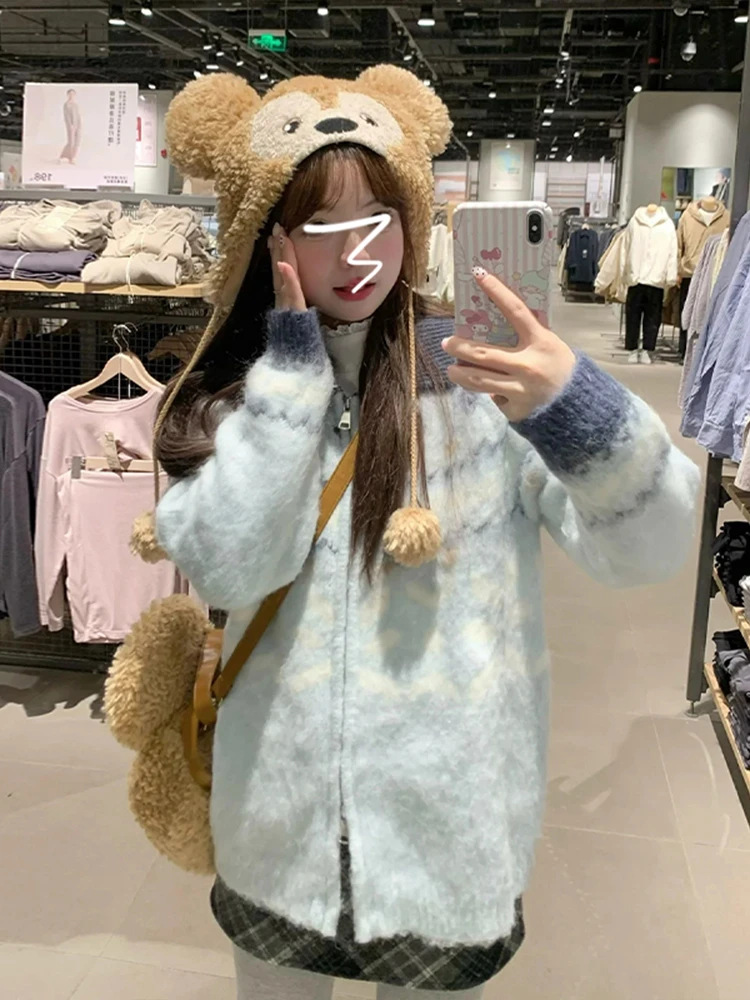 Fce 裏地付きジッパーニットオープンカーディガンレディースセーターアウターウェアルーズフィット韓国 Sle 冬カジュアルファイオン