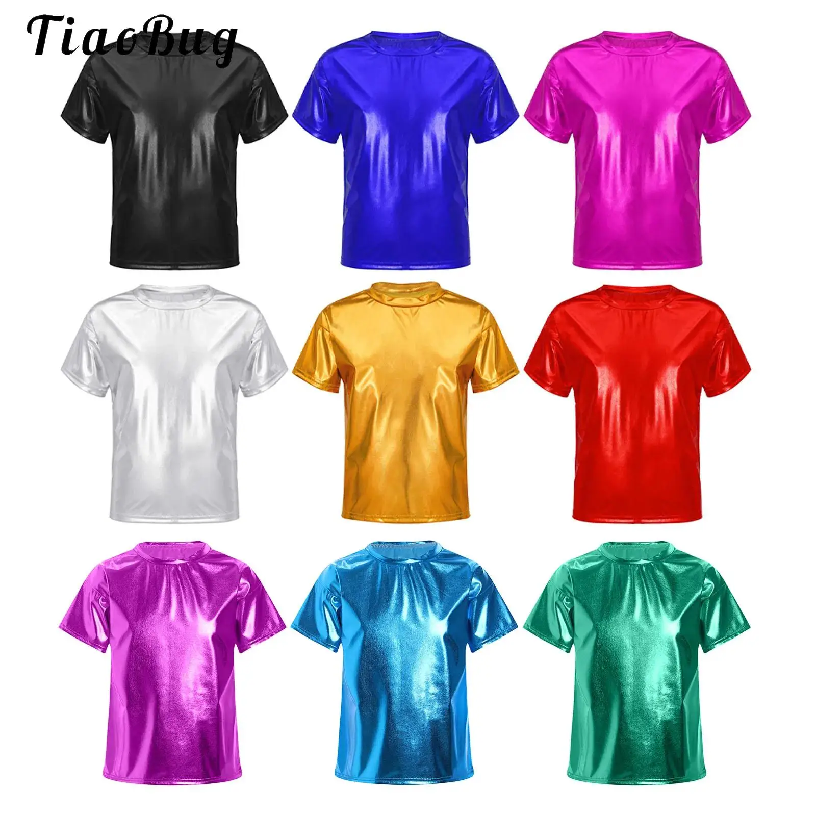 

Kids Boys Girls Shiny Metallic Short Sleeve Tops T-Shirts Jazz Hip-hop Dance Costume Performance Dancewear