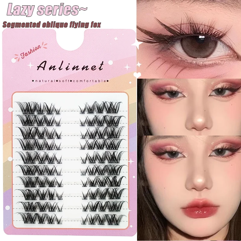 10 rows of single cluster eyelashes fox style false eyelashes, and segmented light colored slanted natural thick fox eyelashes