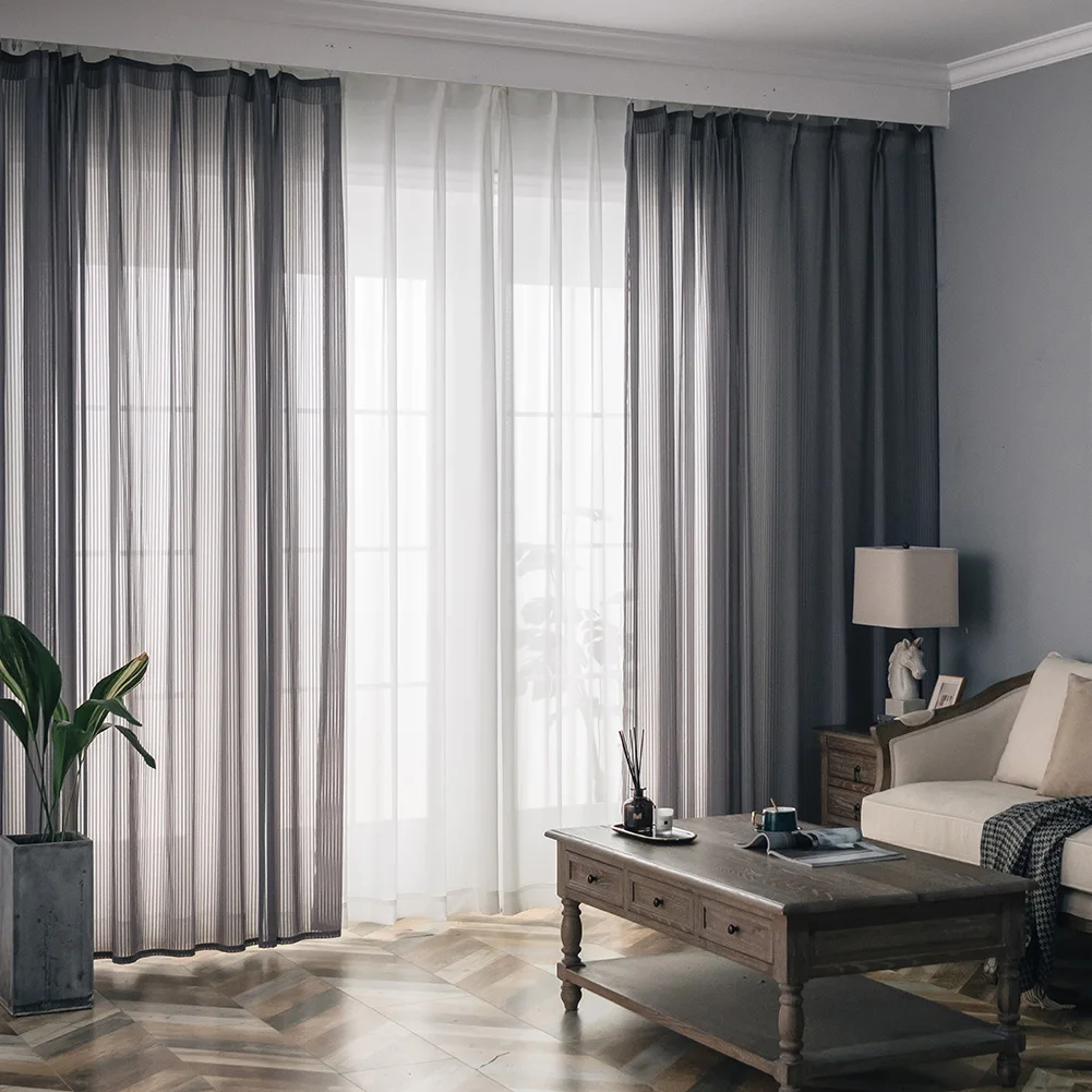 Modern Vertical Striped Gray Tulle Curtains For Living Room Sheer Curtain For Bedroom Transparent Blinds Voile Window Shades