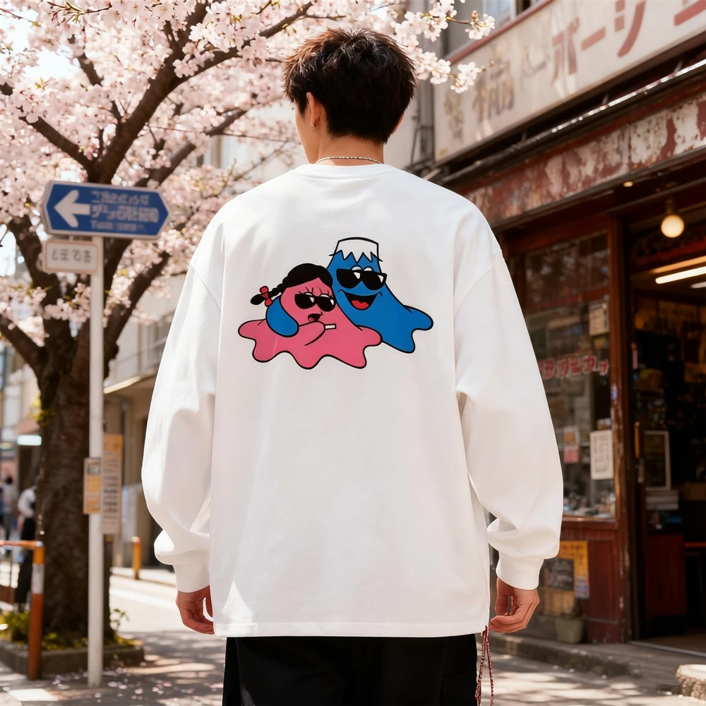 

KUCLUT 1:1 Fashion Japanese Style Quality Printed Tee Loose Oversize Long Sleeves Tee 100%Cotton Casual T Shirt Men Woman