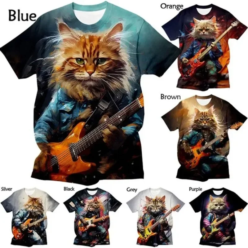 Cat Playing Guitar 3d Printed T-shirts Street Hip-hop Tshirt Casual Cool T-shirt  Cosplay Men\'s Clothing Haikyuu T-shirt for Men