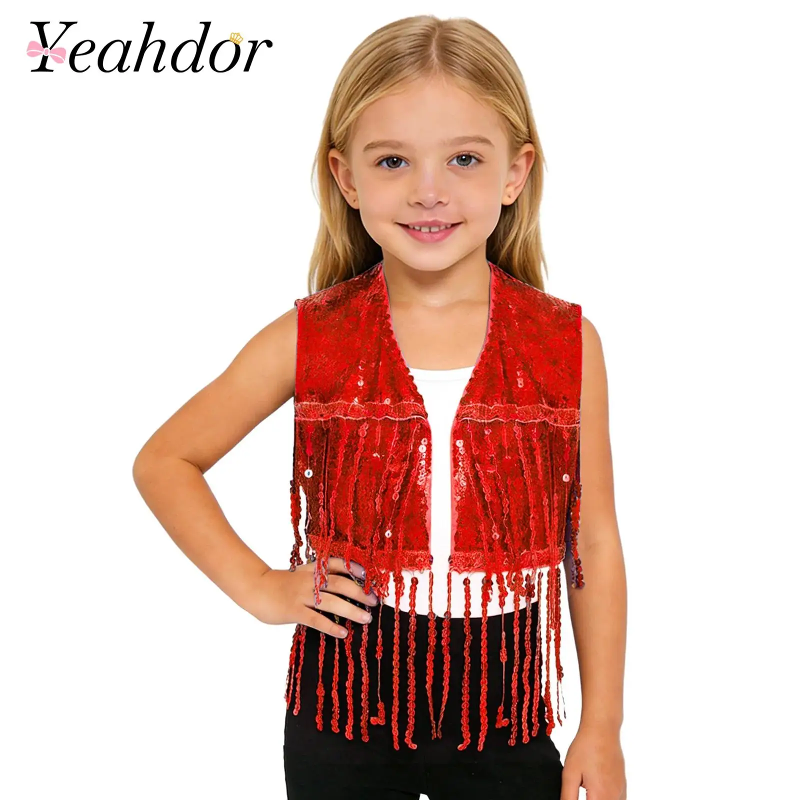 Children's Fringed Waistcoat Kids Girls Shiny Sequin Tassel Sleeveless Vest for Jazz Dance Cha-Cha Performance Costume Crop Top