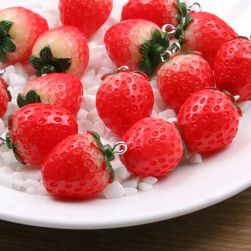 10PCS 17×25mm Cute 3D Red Strawberry Resin Dangle Charms, Cartoon Fruit Pendants for DIY Jewelry Craft Supplies