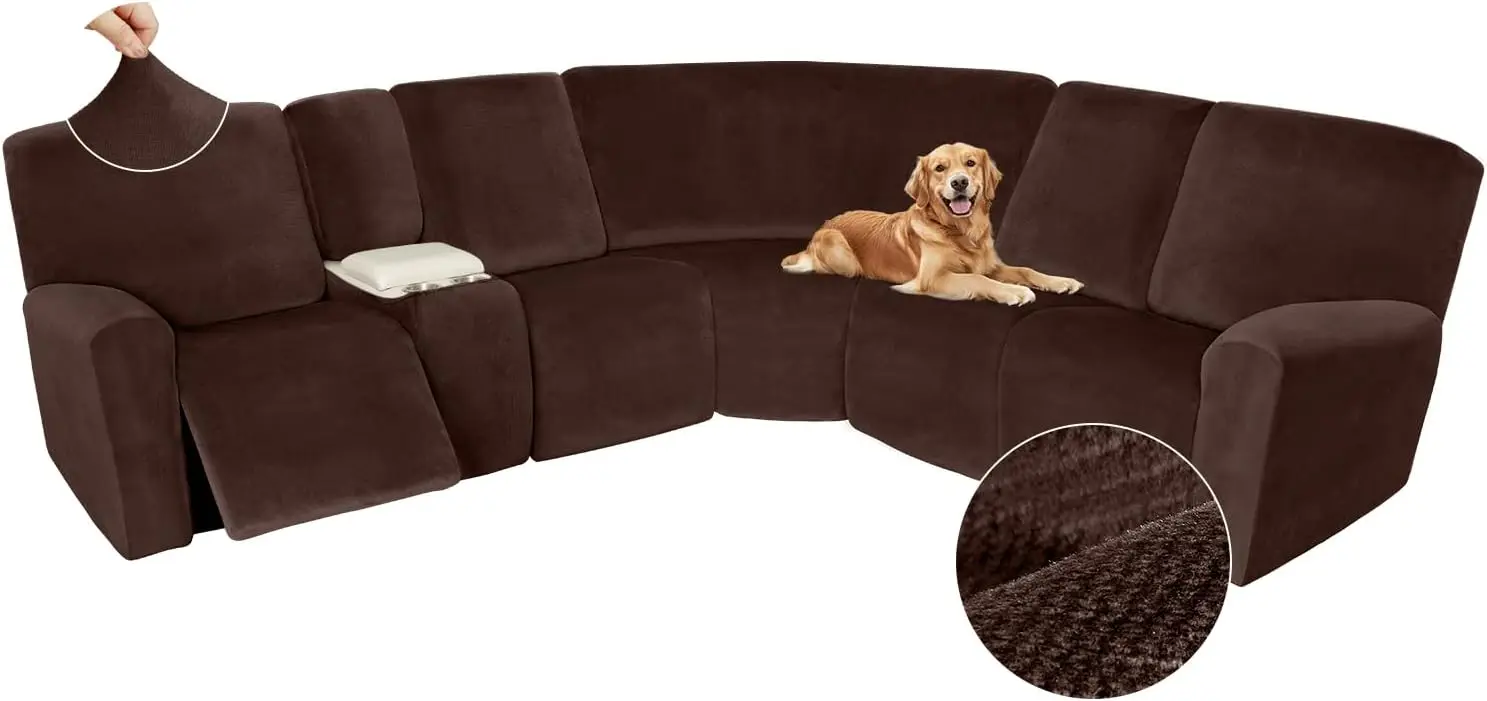 

Washable Velvet Corner Sectional Recliner Sofa Cover, L Shape, 5 Seat + 1 Console, Dark Brown