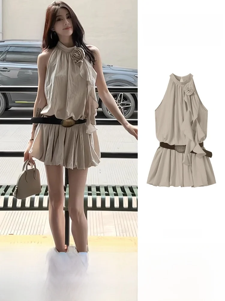 Summer Svel Ne Hanging Vest Dr Women's New Sle High Waist A-Line Skirt Flattering ort Dr Vaion Sle