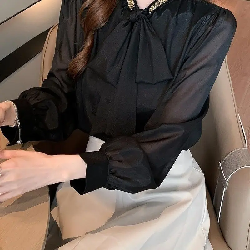 French premium sequined bow shirt women's 2026 new spring unique beautiful shirt apricot chiffon top
