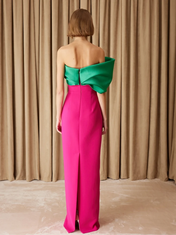 Sexy One Shoulder Patchwork Folds Long Dress Women Colorblock Ruched Design Bodycon Dresses Evening Party Gowns