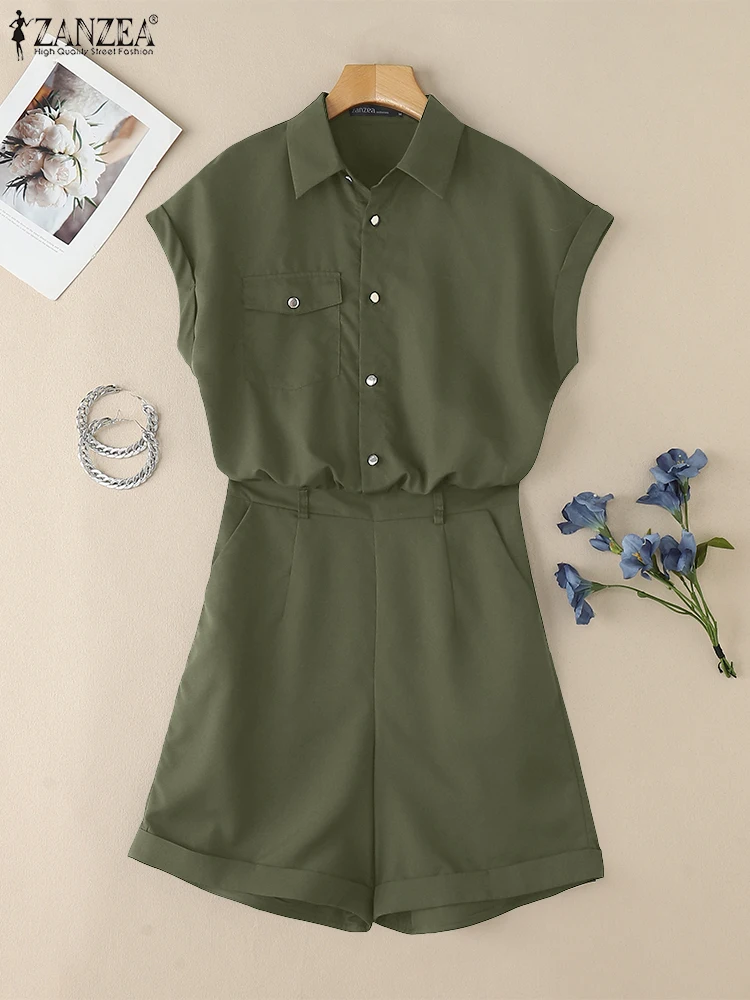 

ZANZEA 2025 Summer Rompers Fashion Women Sleeveless Jumpsuits Solid OL Work Overalls Pants Casual Lapel Neck Playsuits Oversize