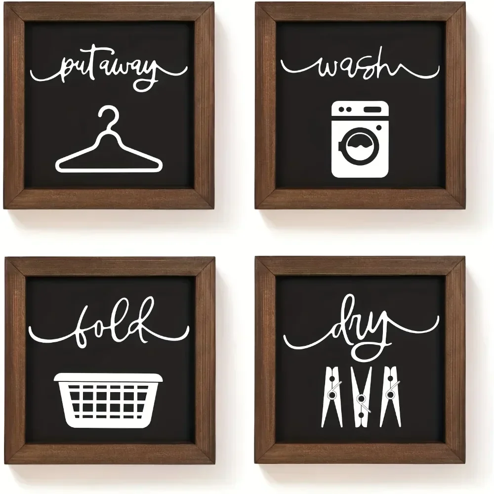 4-Piece Rustic Wood Signs for Laundry Room - Charming Farmhouse Decor with Wall Hanging Design - Cozy Home Accent