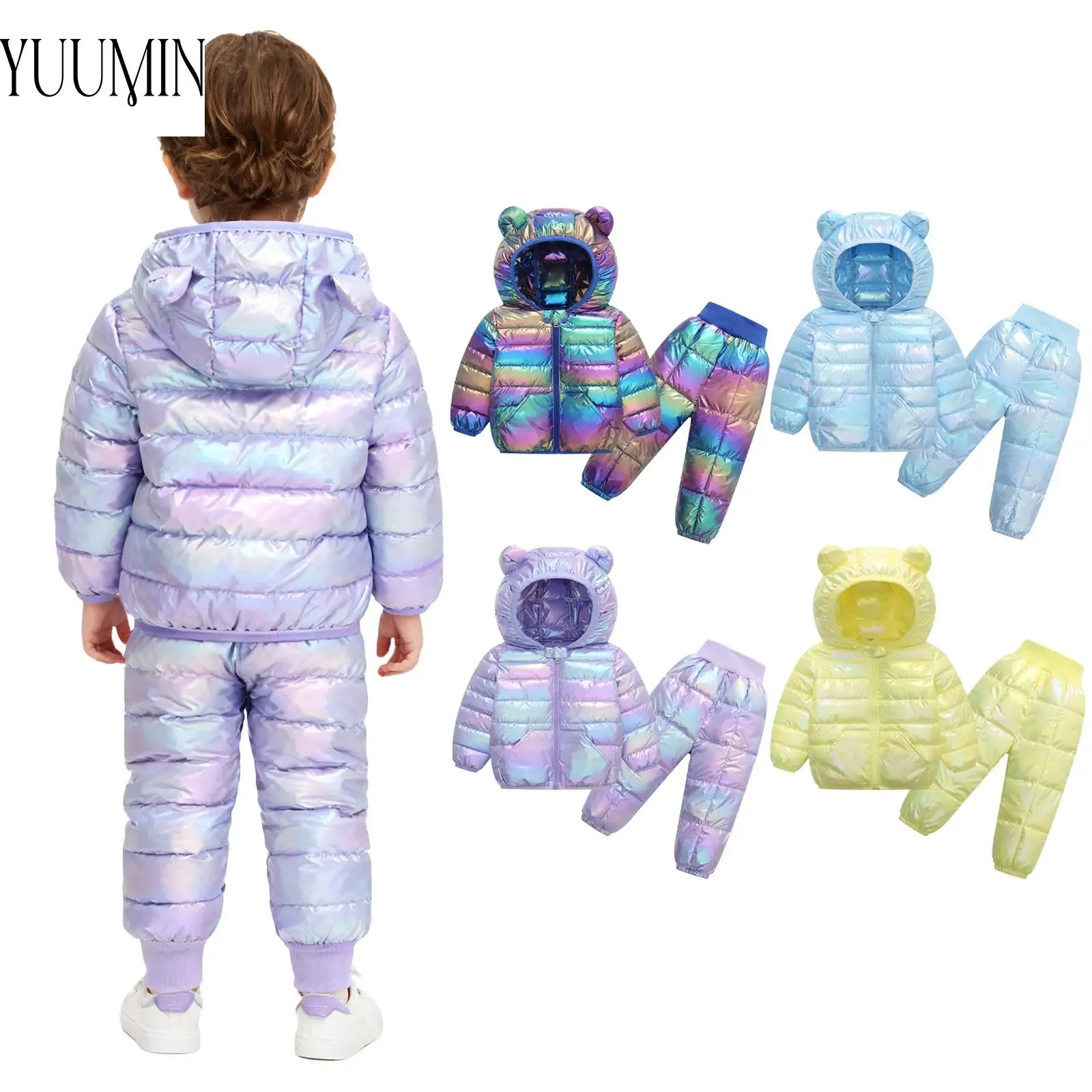

Детский зимний комбинезон металлик для маленьких мальчиков и девочек, мягкий лыжный костюм с длинными рукавами на молнии с медвежьими ушками, куртка с капюшоном и штаны для фотосессий