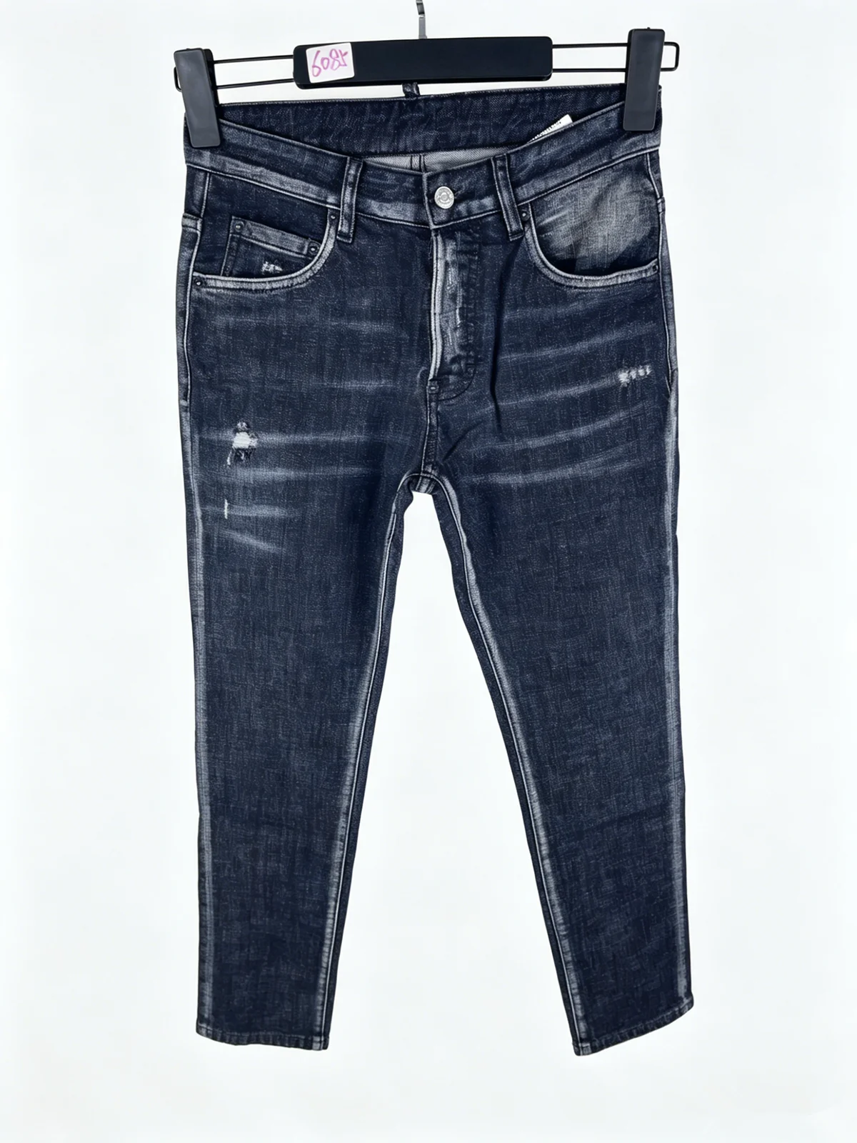 

6085 Four Seasons New Men's Wash and Grind Hole Patch Paint Trendy Men's Slim-fit Micro-elastic Black Jeans Men