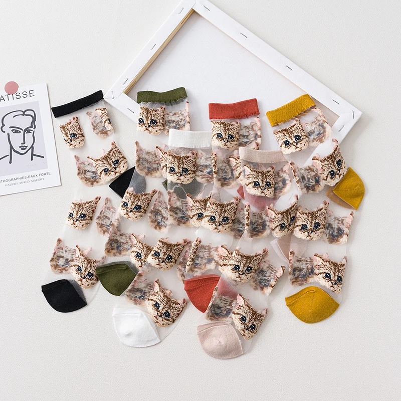 اليابانية الكورية العصرية الصيف النساء الجوارب شفافة لطيف الكرتون القط الجوارب Kawaii السيدات رقيقة كريستال الحرير الألياف الزجاجية الجوارب #1