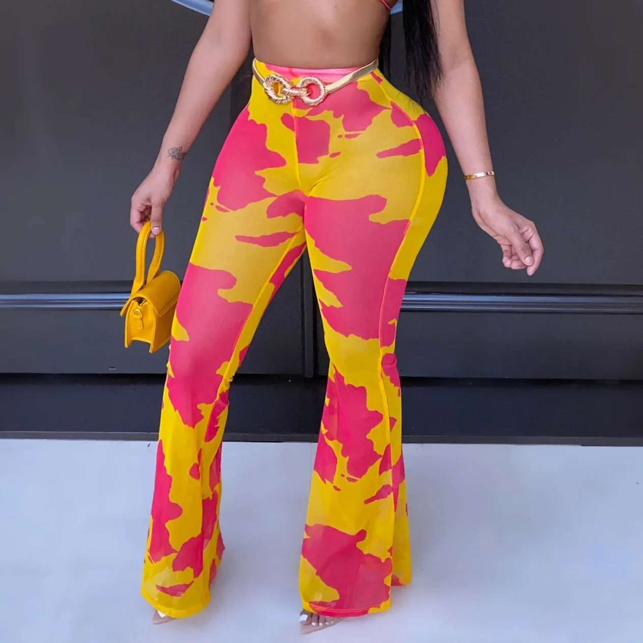 

BKLD Women Clothing 2024 Summer Mesh Fashion Printed Casual Trousers Party Sexy Night Club Outfits High Waist Flared Pants