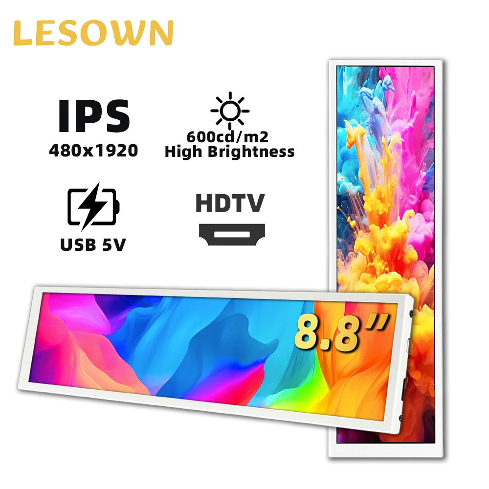 LESOWN Narrow Strip Display 8.8 11.3 Inch Auxiliary Monitor 480x1920 Side Secondary Screen with Stand for Laptop Windows Linux