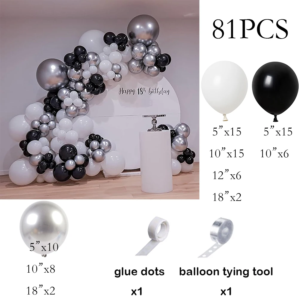 81pcs Black White Balloons Garland Metal Silver Balloon Arch Kit 18th Birthday Party Baby Shower Disco New Year Party Decoration