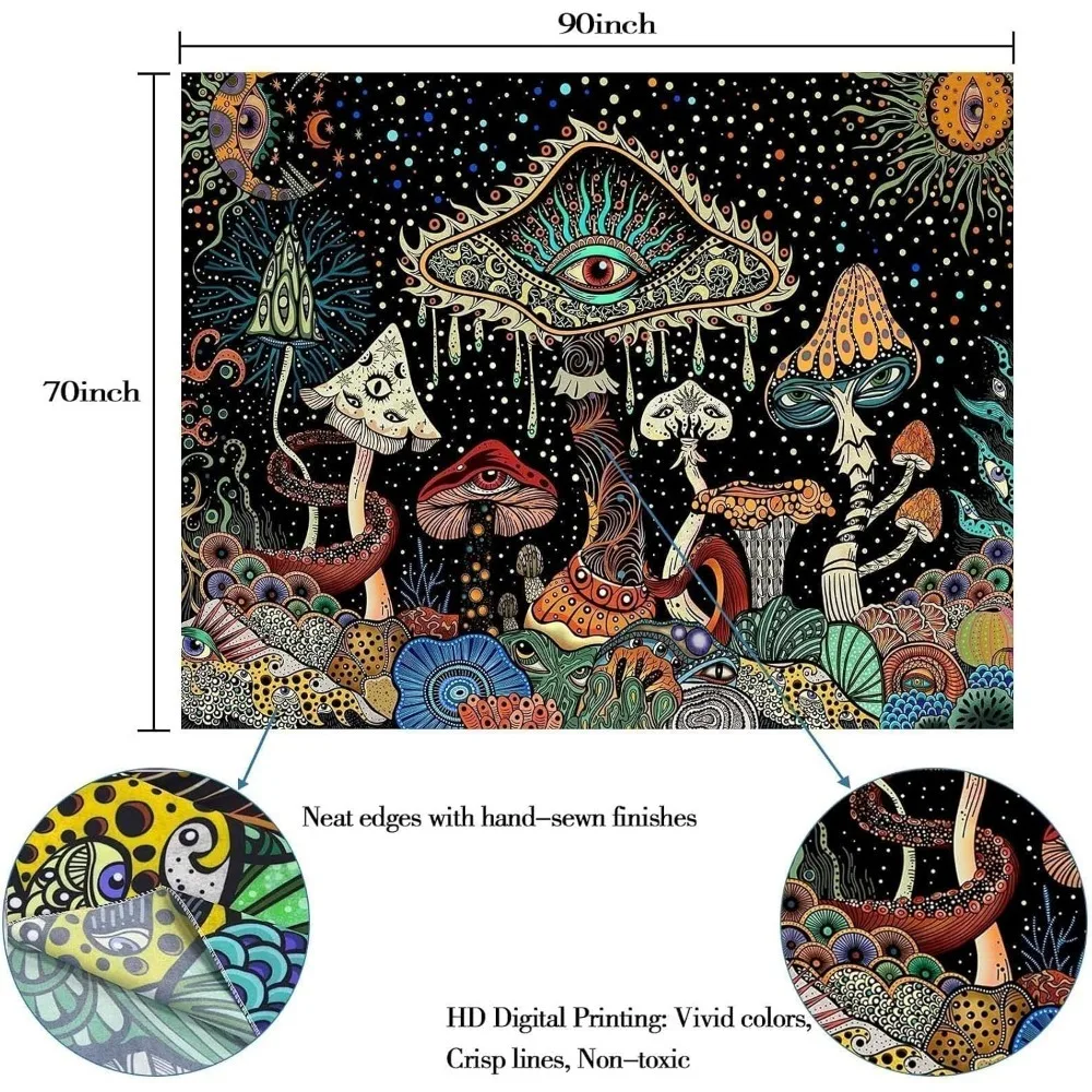 Hippie Tapestry Mushroom Tapestry for Bedroom Aesthetic Witchy Tapestries Wall Hanging Hippie Room Mushroom Decor (70x90 Inches)