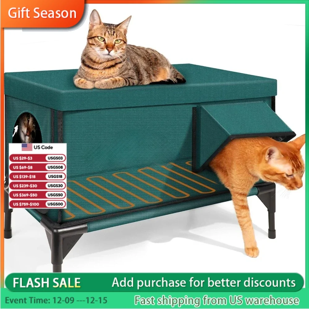 Premium Heated Cat House for Outside in Winter, Elevated, 100% Waterproof, Safe Escape Door.