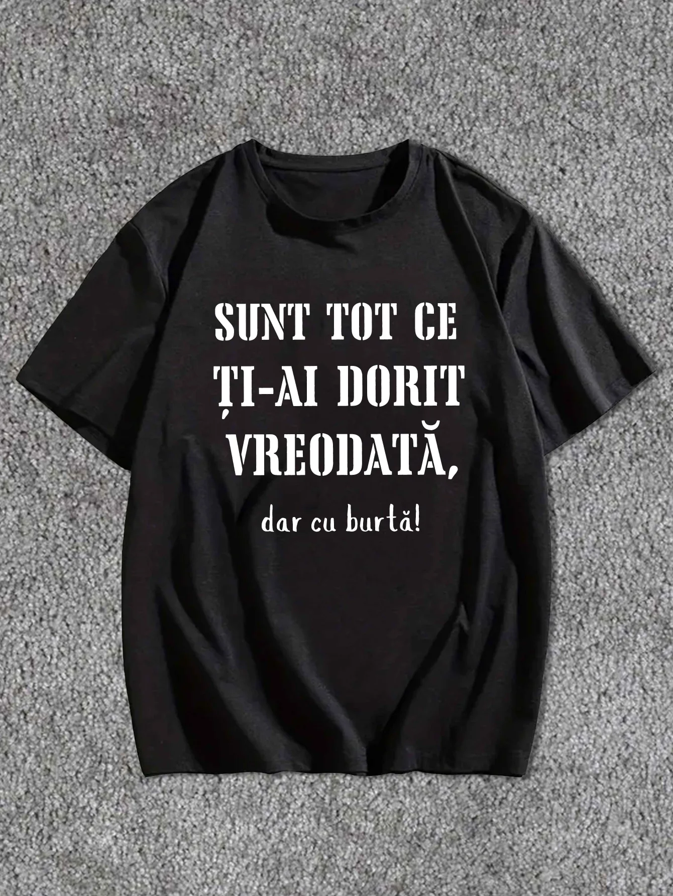 تي شيرت رجالي ذو اقتباس روماني أسود - كم قصير، رقبة دائرية، قابل للغسل في الغسالة، بلوزة صيفية كاجوال مع "Sunt Tot Chi Ti-Ai