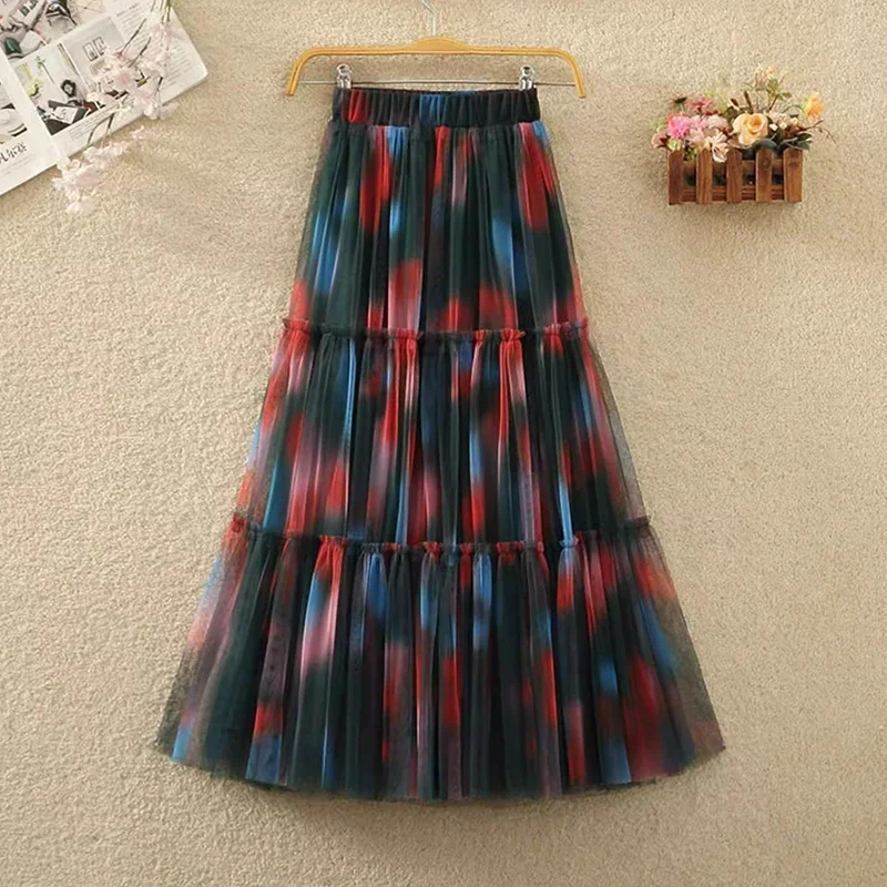 

Aesthetic Gradient Long Tulle Skirt for Women 2024 Spring Summer Fashionable A Line High Waist Pleated Mash Skirt Female L564