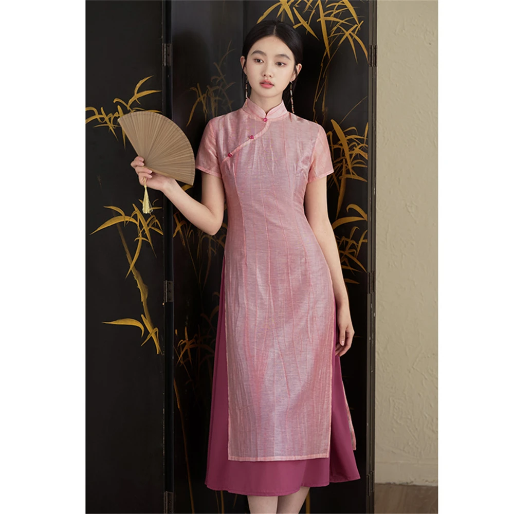 

Pink AoDai Cheongsam Summer Chinese Retro Young Style Girl Tea Dress Oriental Ladies Qipao Vestidos Evening Party Gown Chinoise