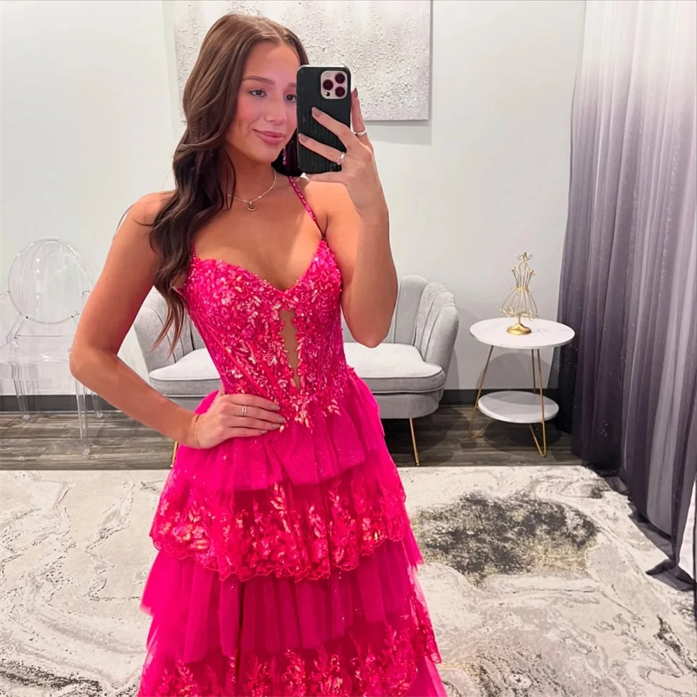 Mila rouge Spaghetti sangle robe de soirée de mariage personnalisé dos nu dos nu robes de soirée en cascade à volants vestidos de fiesta