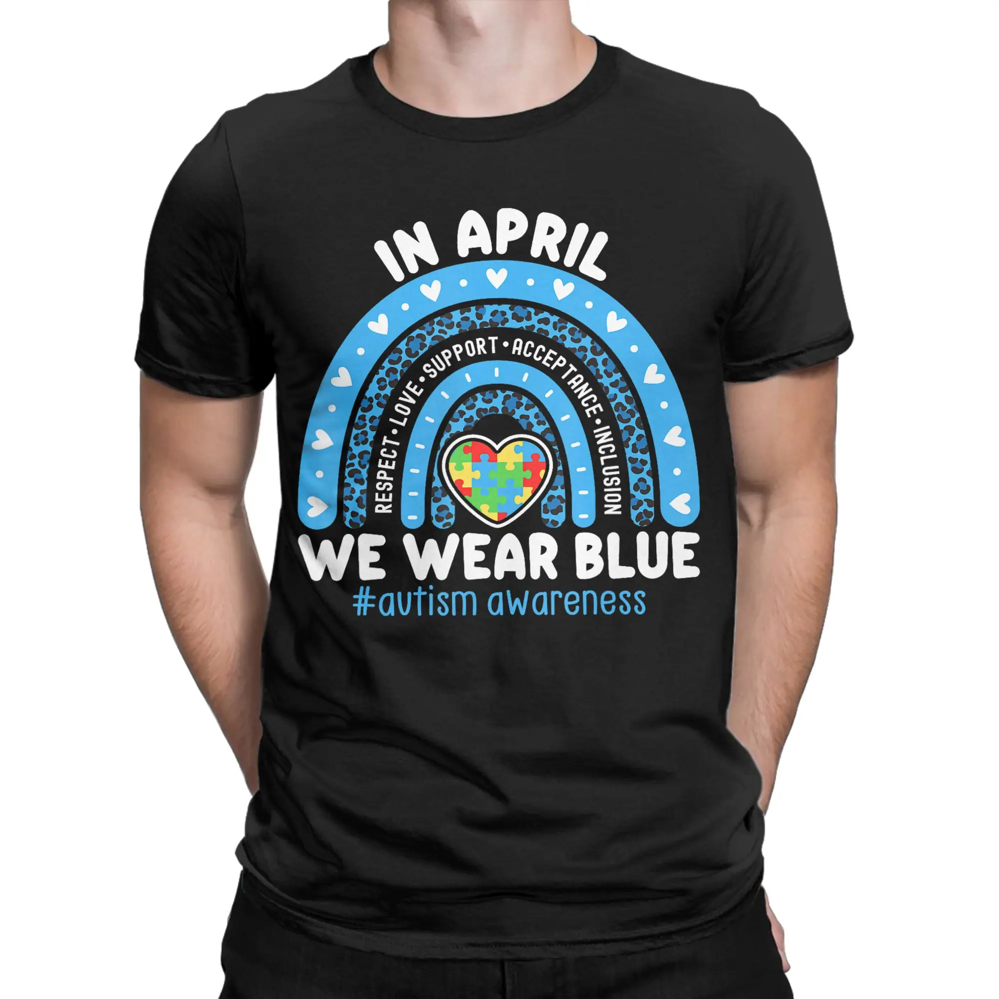 April We Wear Blue Autism Awareness Men's T Shirt  Casual Tees Short Sleeve Crewneck T-Shirt 100% Cotton New Arrival Tops