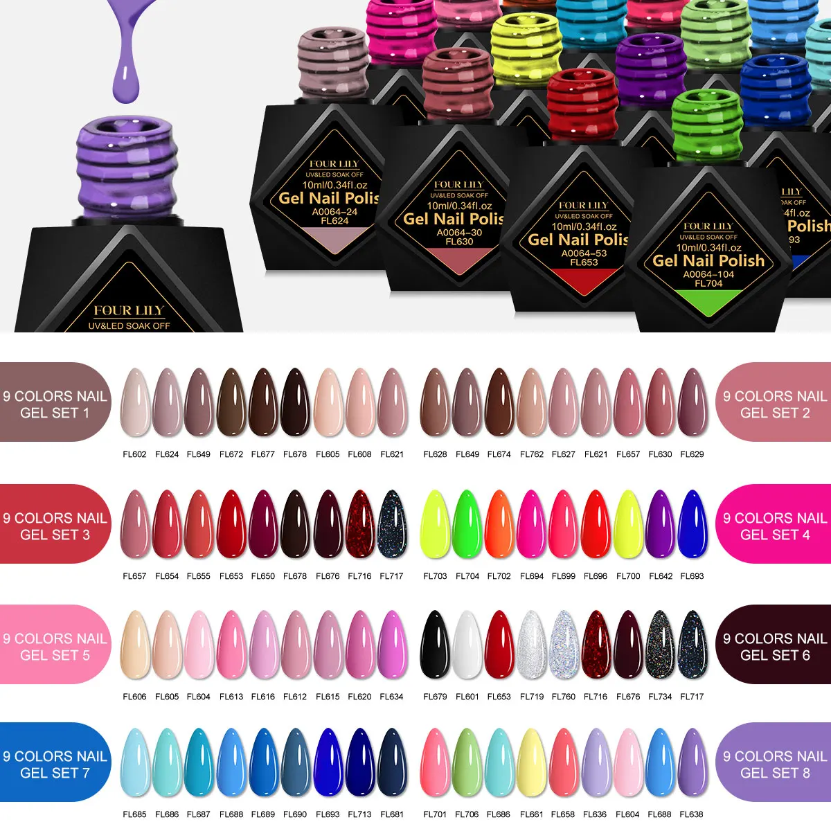 9 Colors Gel Nail Polish Set 0.34oz/10ml Nude Pink Brown Blue Glitter Soak Off UV LED Nail Art Manicure Kit for Home Salon