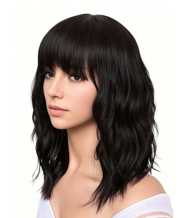 Peruca balck sintética ondulada de 14 polegadas com franja perucas curtas Bob peruca ondulada encaracolada