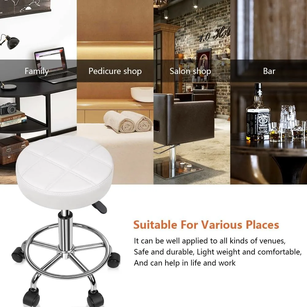 Adjustable Rolling Stool Chair with PU Leather, Swivel & Wheels for Office Salon Home (White)