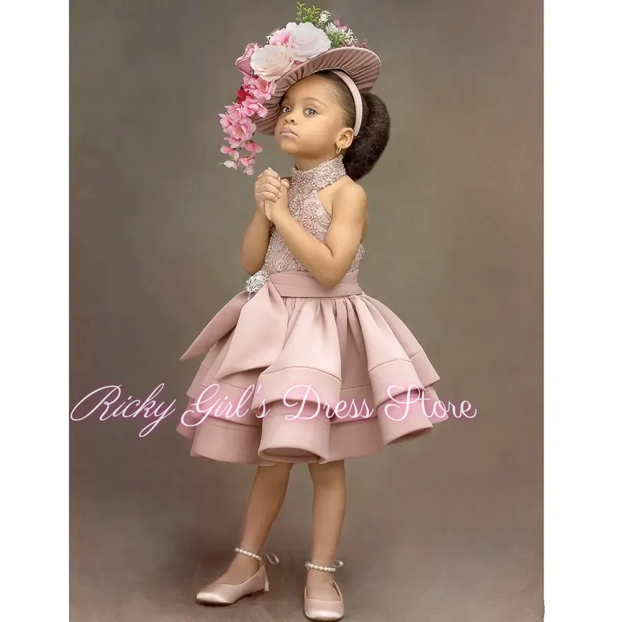 Halter Sleeveless Girls Dress Sequin Glitter Beaded Oversized Layered Toddler Short Birthday Dress Flower Girl Gown Custom Colo