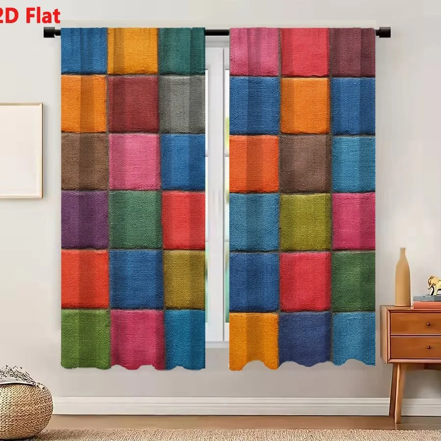 2Pcs Curtains 2D Flat Colorful Textured Mosaic Tile Grid With Vibrant Blue Orange Pink Green And Purple Hues Window Drapes for B