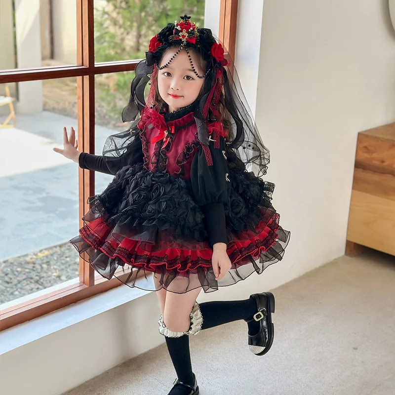

Halloween Vampire Girl Costume Child Ghost Bride Gothic Princess Lolita One Dress Outfit Black Red for Carnival Holiday gifts