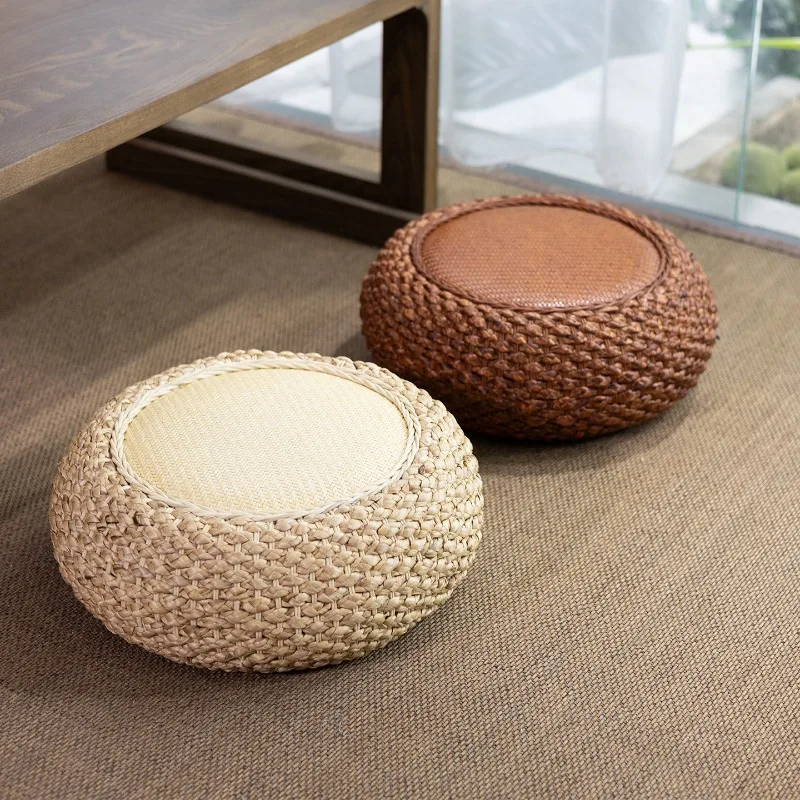Rattan Round Floor Cushion - Tatami Meditation Mat for Zen Tea Room, Yoga Zafu, Breathable Woven Pad, Portable Floor Seating