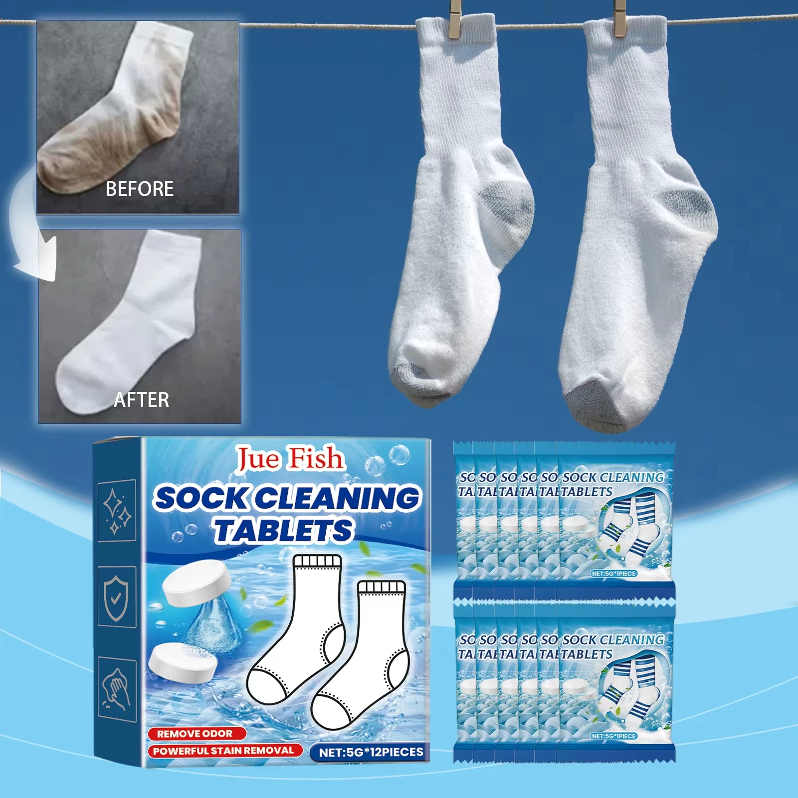 12/24 pçs comprimidos de limpeza de meias poderoso suave mancha removedor de odor forte descontaminação detergente comprimido efervescente para meias