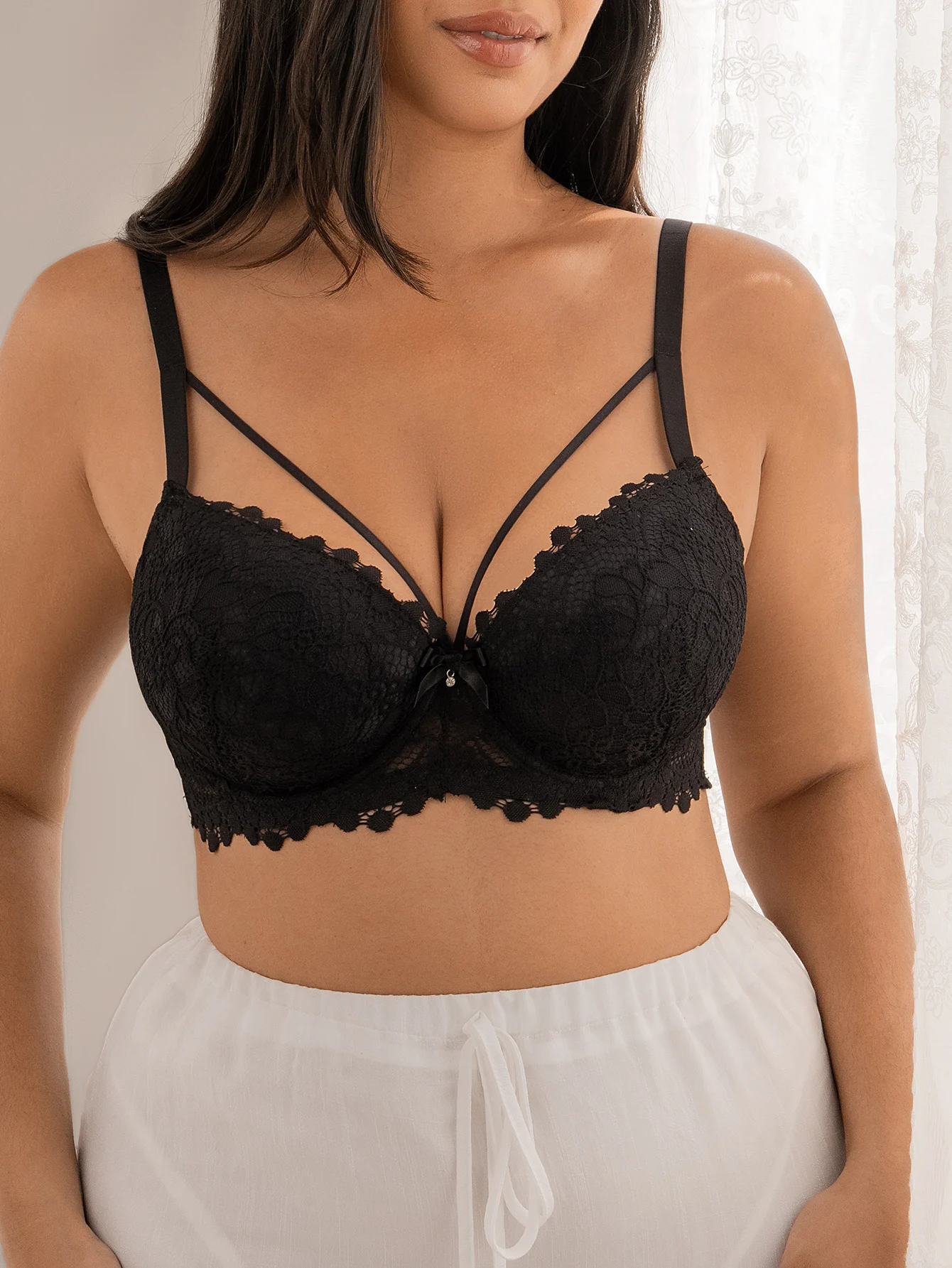 Women C-D Cup Floral Lace Underwire Bra Scalloped Edge Double Thin Straps Rhinestone Gathering Lingerie image 6