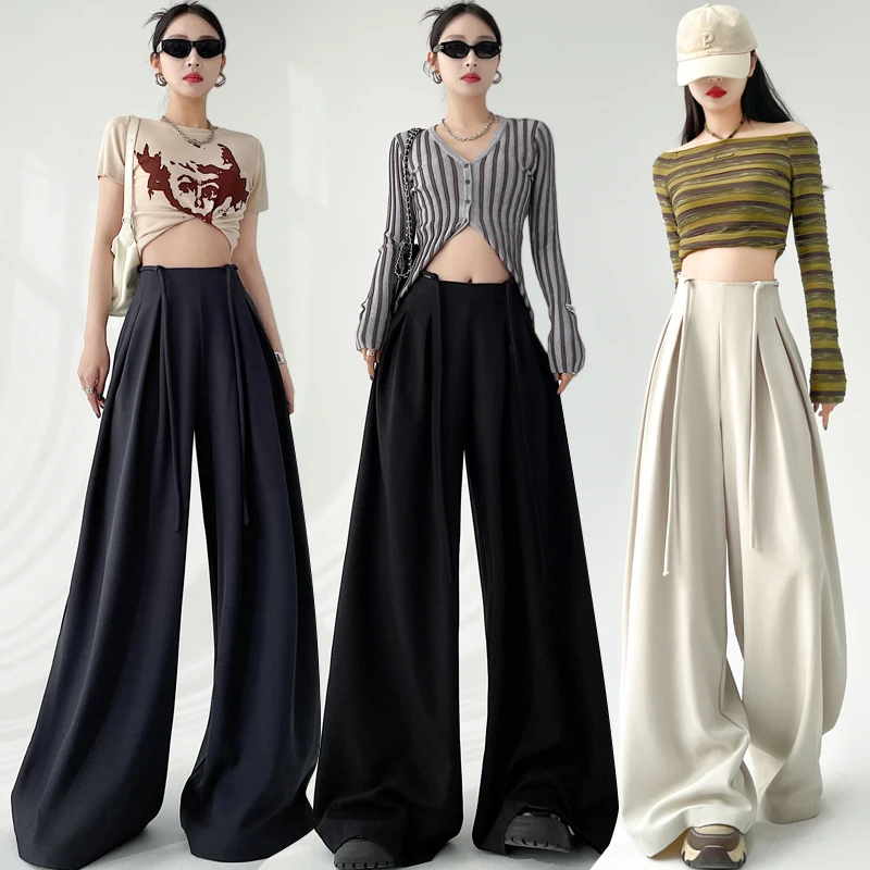 

Women's Suit Flared Trousers, Spring & Autumn, Tie Belt, Design Sense, Drapey, Slimming, High-Waist, Narrow Straight, Casual,