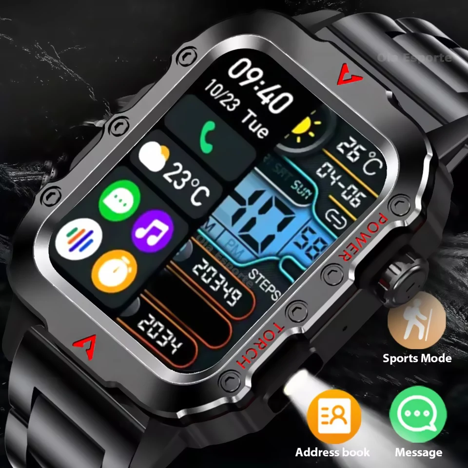 

Ola Esporte Military Outdoor Smart Watch 2026 LED Flashlight Heart Rate BT Call Health Monitor Sport Waterproof Smartwatch ‎HW12